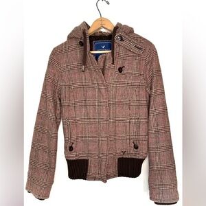 American Eagle Brown Plaid Houndstooth Tweed Hooded Bomber Jacket Size Medium
